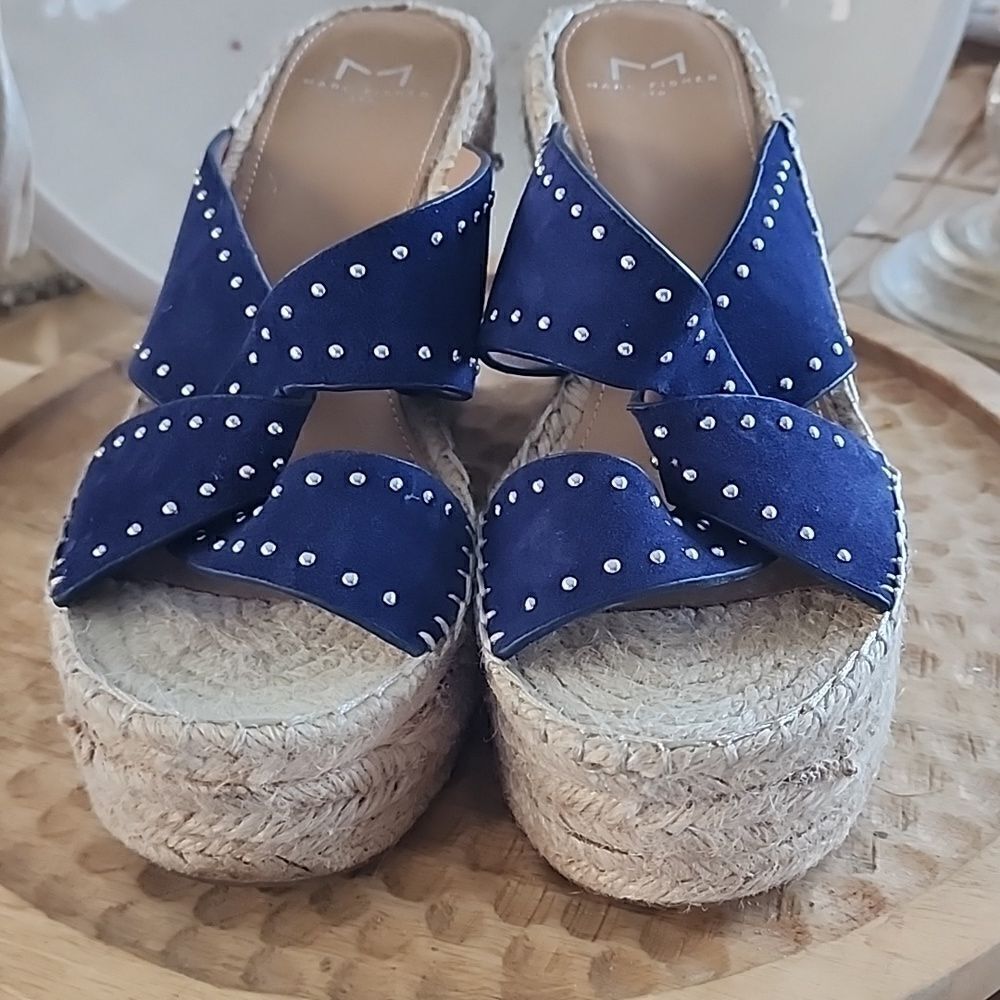 Espadrille Dark Navy 'Angelina' Blue Suede Espadrille Wedge 7.5 Silver Stud